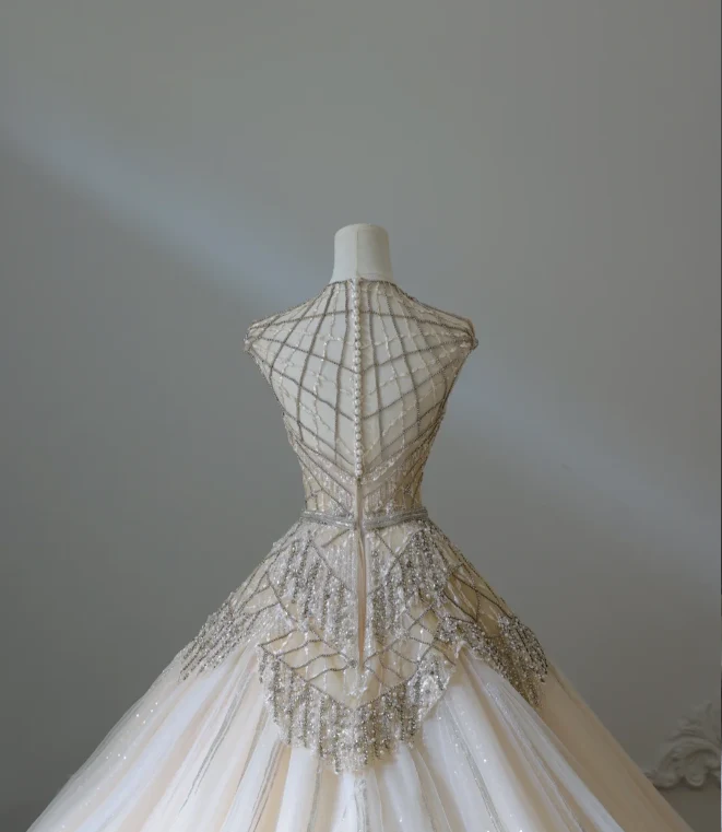 Luxurious Champagne Sleeveless Beaded Rhinestone A-Line Floor-Length Tulle Wedding Dress P2576 - Image 7