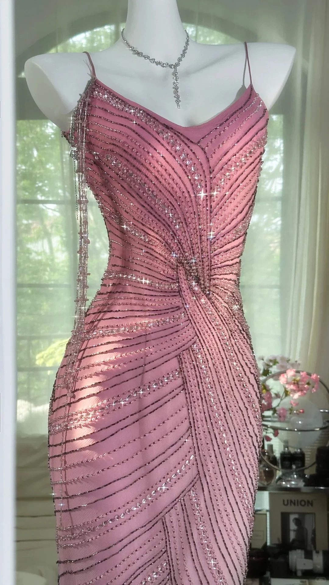 Luxurious Heavy Pink Tassel Beaded Mermaid Prom Dress P3270 - Image 4