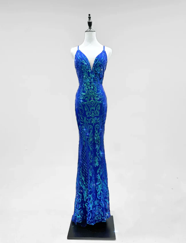 Luxurious Royal Blue Mermaid V-neck Sequined Long Prom Dress Evening Dress P4251 - Image 2