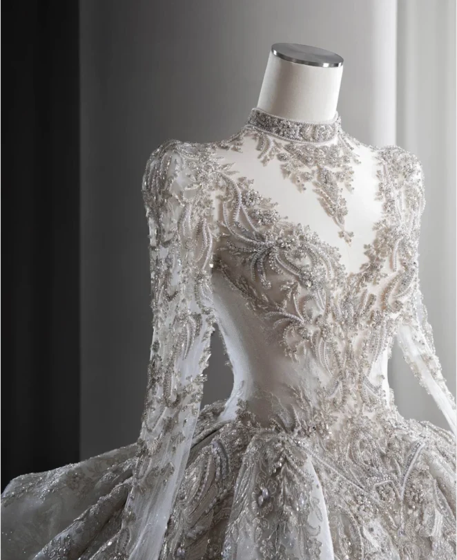 Luxurious Royal Court Long Sleeve Lace Beaded Princess Puffy Floor-Length Wedding Dress P2894 - Image 5