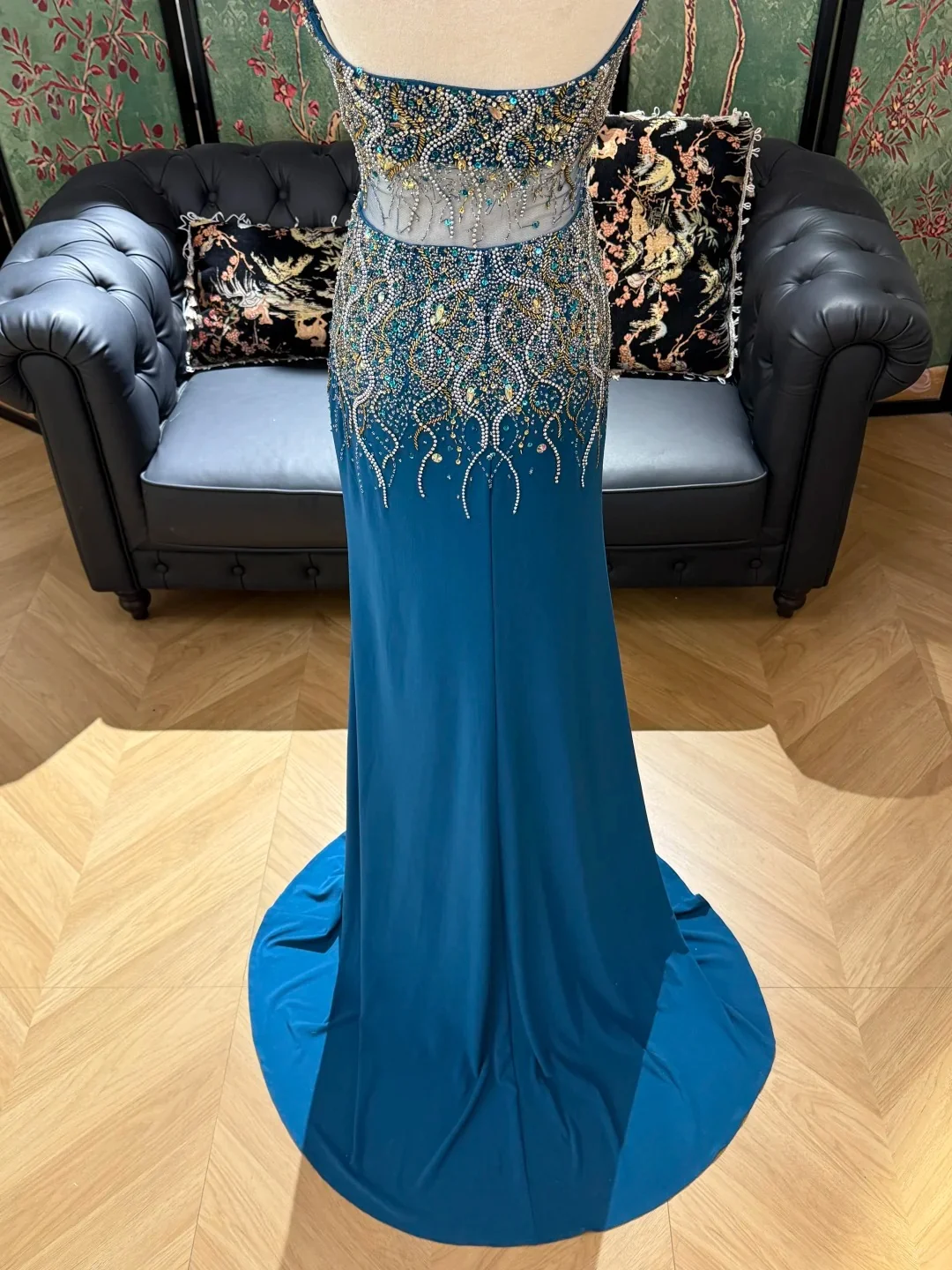 Luxurious Sparkling Blue Sweetheart Beaded Satin Long Prom Dress Evening Dress P4827 - Image 4