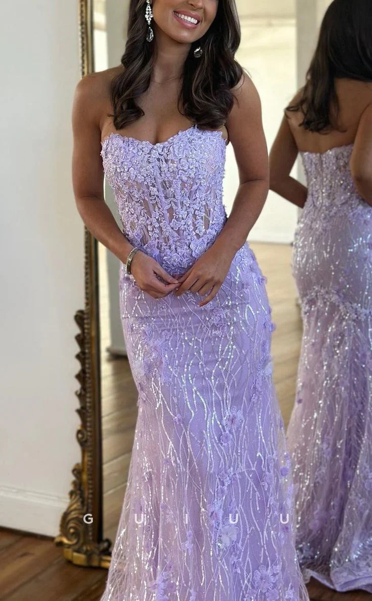 luxurious strapless sheer lace applique long prom dress birthday outfit P1385 - Image 2