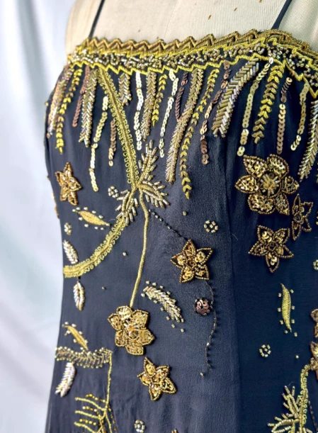 Luxurious Vintage Black Thin Strap Gold Beaded Embroidery Chiffon Long Prom Dress Evening Dress P4391 - Image 4