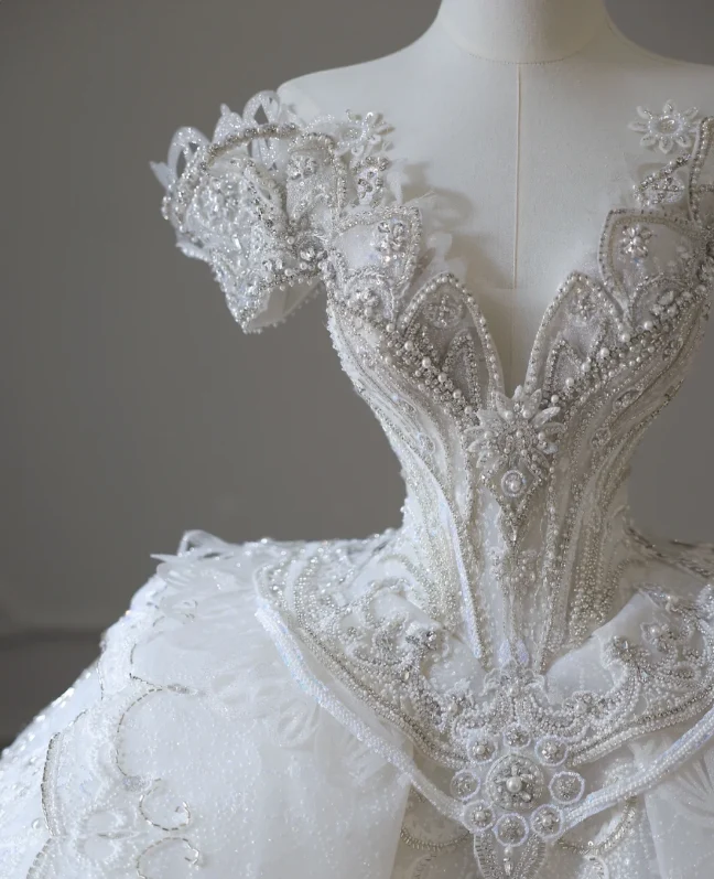 Luxury Castle White Off-the-shoulder Beaded Tulle Floor-length Wedding Dress P2605 - Image 5