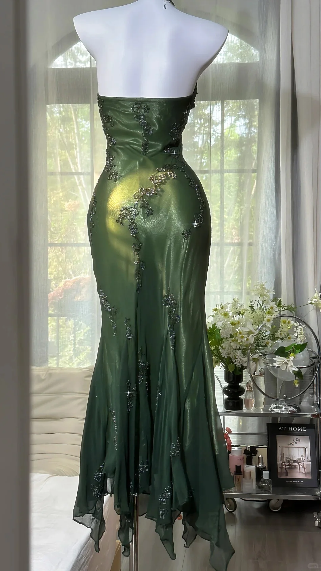 Luxury Dark Green Mermaid Bead Embroidered Chiffon Long Prom Dress Evening Dress P4032 - Image 3