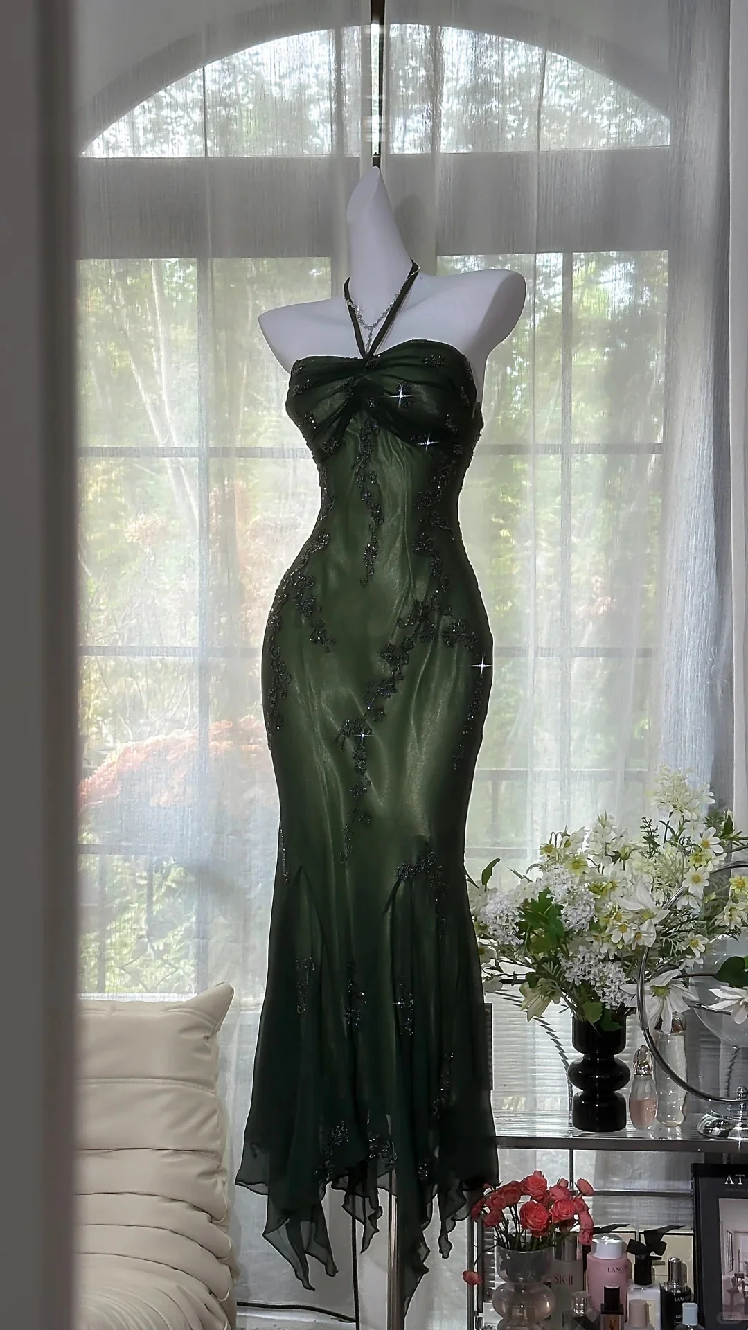 Luxury Dark Green Mermaid Bead Embroidered Chiffon Long Prom Dress Evening Dress P4032 - Image 5