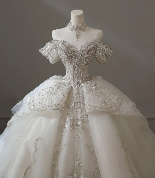 Luxury French court retro off-shoulder beaded tulle floor-length wedding dress P2598 - Image 2