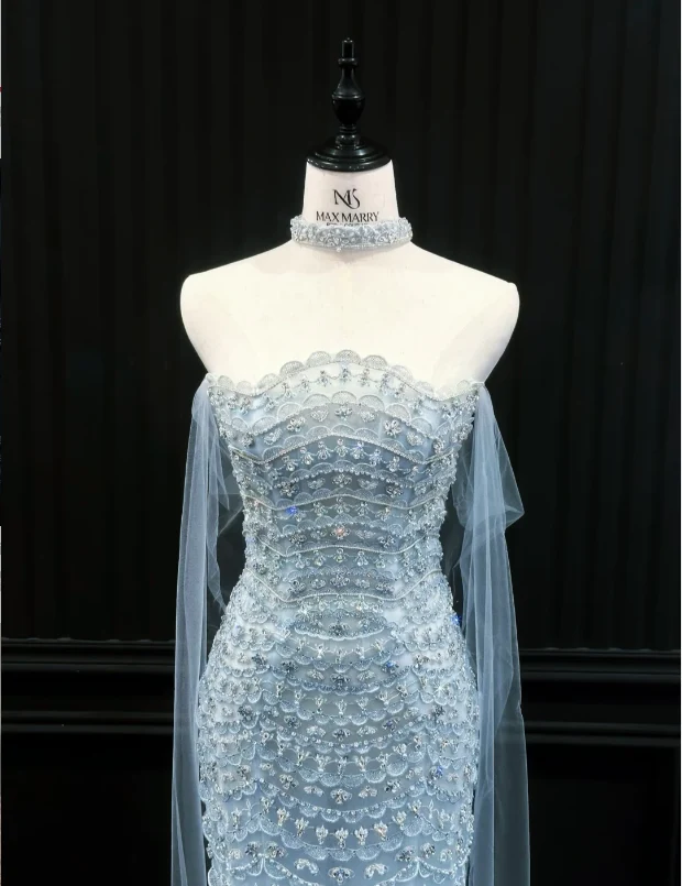 Luxury Ice Blue Strapless Beaded Tulle Train Prom Dress Evening Dress P4894 - Image 2