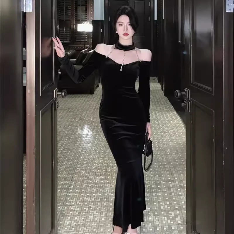 Mermaid Halter Black Birthday Dress Velvet 21th Birthday Outfits P950 - Image 2