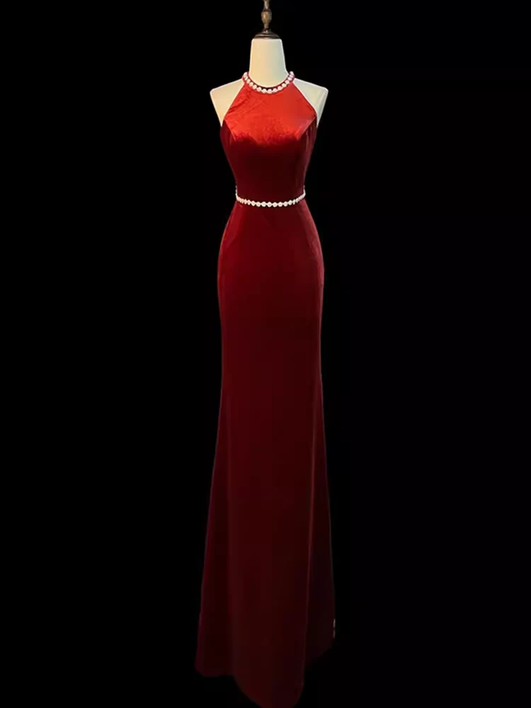 Mermaid Halter Burgundy Long Velvet Prom Dresses P1915