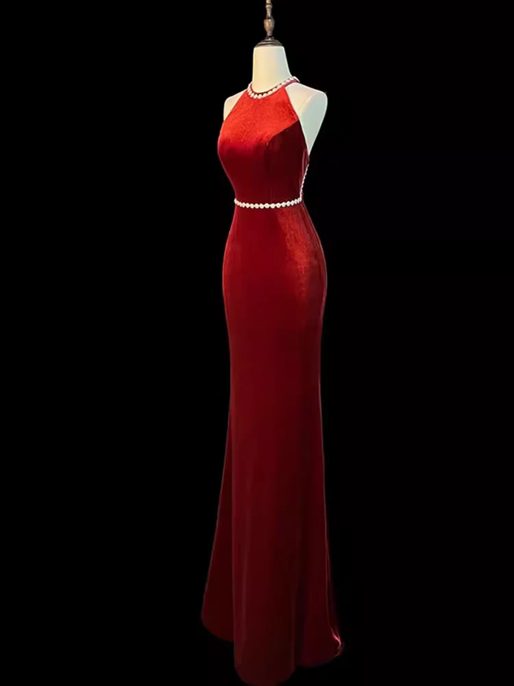 Mermaid Halter Burgundy Long Velvet Prom Dresses P1915 - Image 2