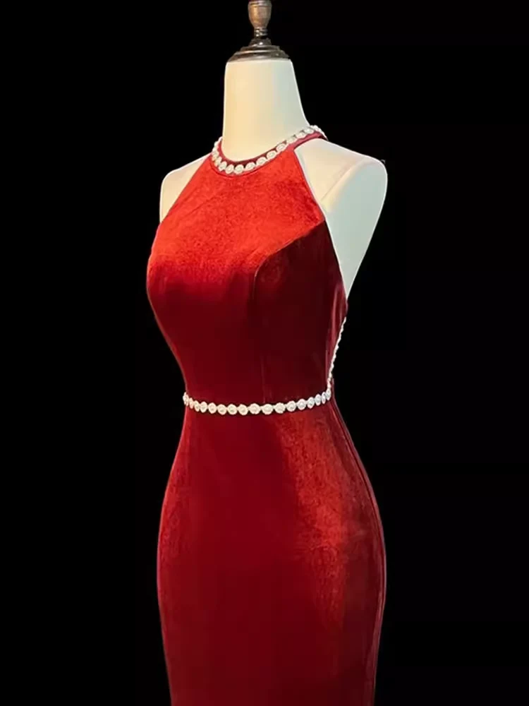 Mermaid Halter Burgundy Long Velvet Prom Dresses P1915 - Image 4