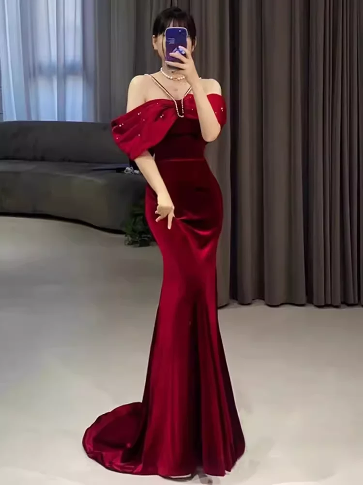 Mermaid Halter Red Velvet Party Dress Long Prom Dress P879