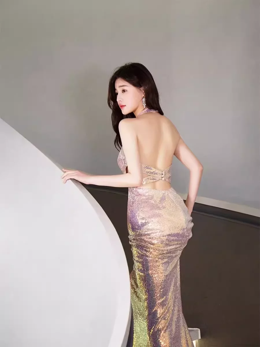Mermaid Halter Sequin Backless Prom Dresses Evening Dress P2062 - Image 4