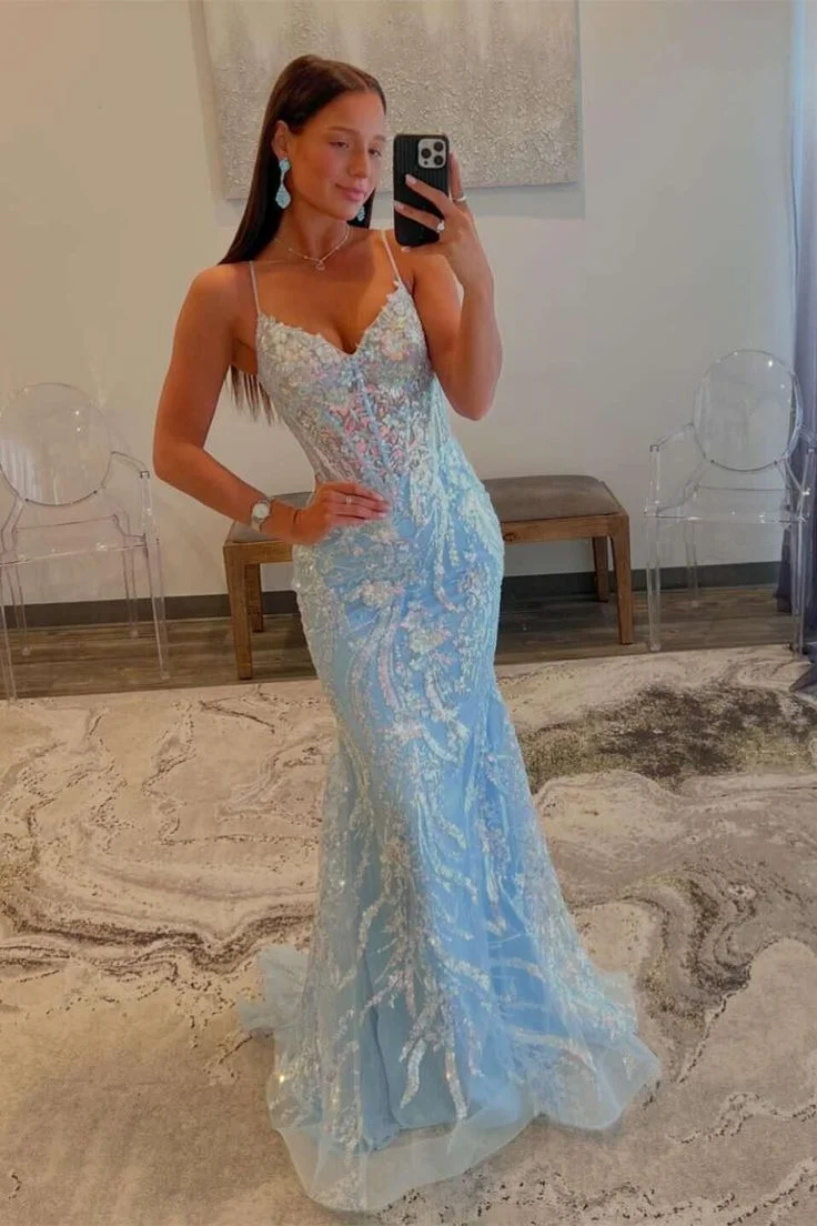 Mermaid Light Sky Blue Long Sequin Prom Dress 21st Birthday Outfit P1378 - Image 2