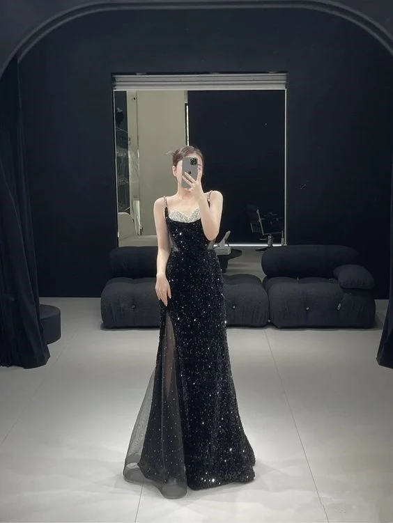 Mermaid Long Prom Dress New Sequin Sexy Black Slit Evening Dress P917 - Image 2