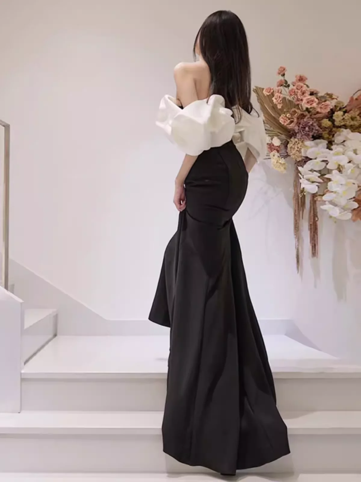 Mermaid Off The Shoulder Black Satin Long Prom Dresses P1011 - Image 2
