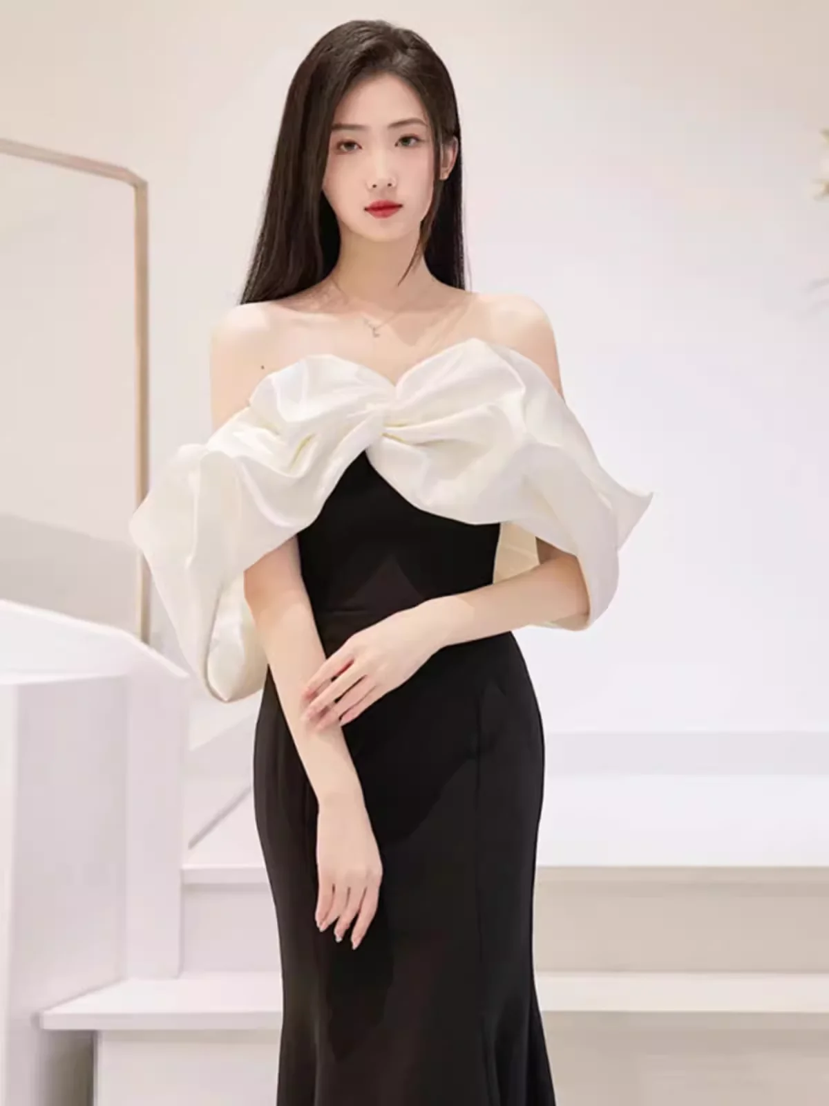 Mermaid Off The Shoulder Black Satin Long Prom Dresses P1011 - Image 4