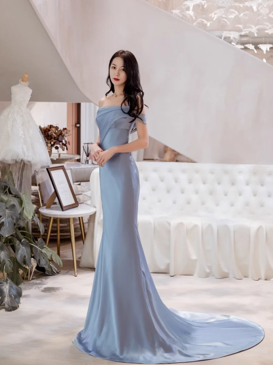 Mermaid Off The Shoulder Light Sky Blue Party Dresses Long Prom Dresses P728 - Image 3