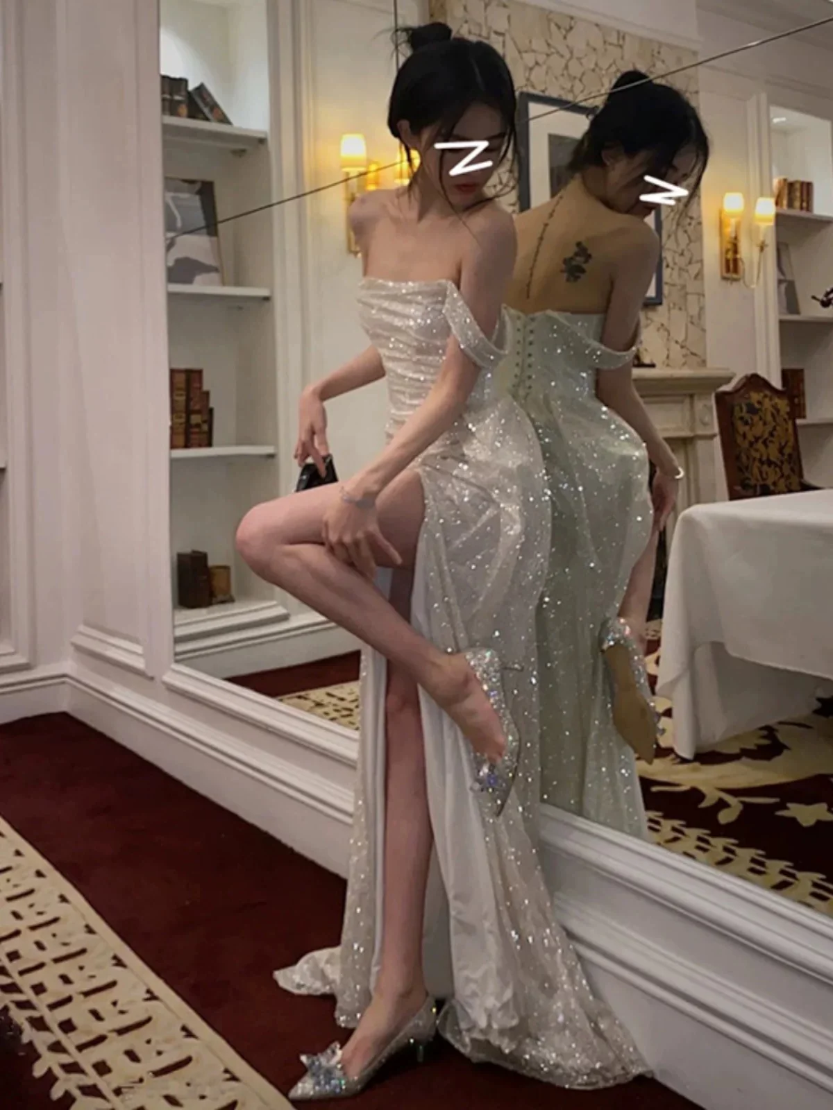 Mermaid Off The Shoulder Sequin Floor Length Prom Dress With Slit 21st Birthday Outfit P1376 - Image 2