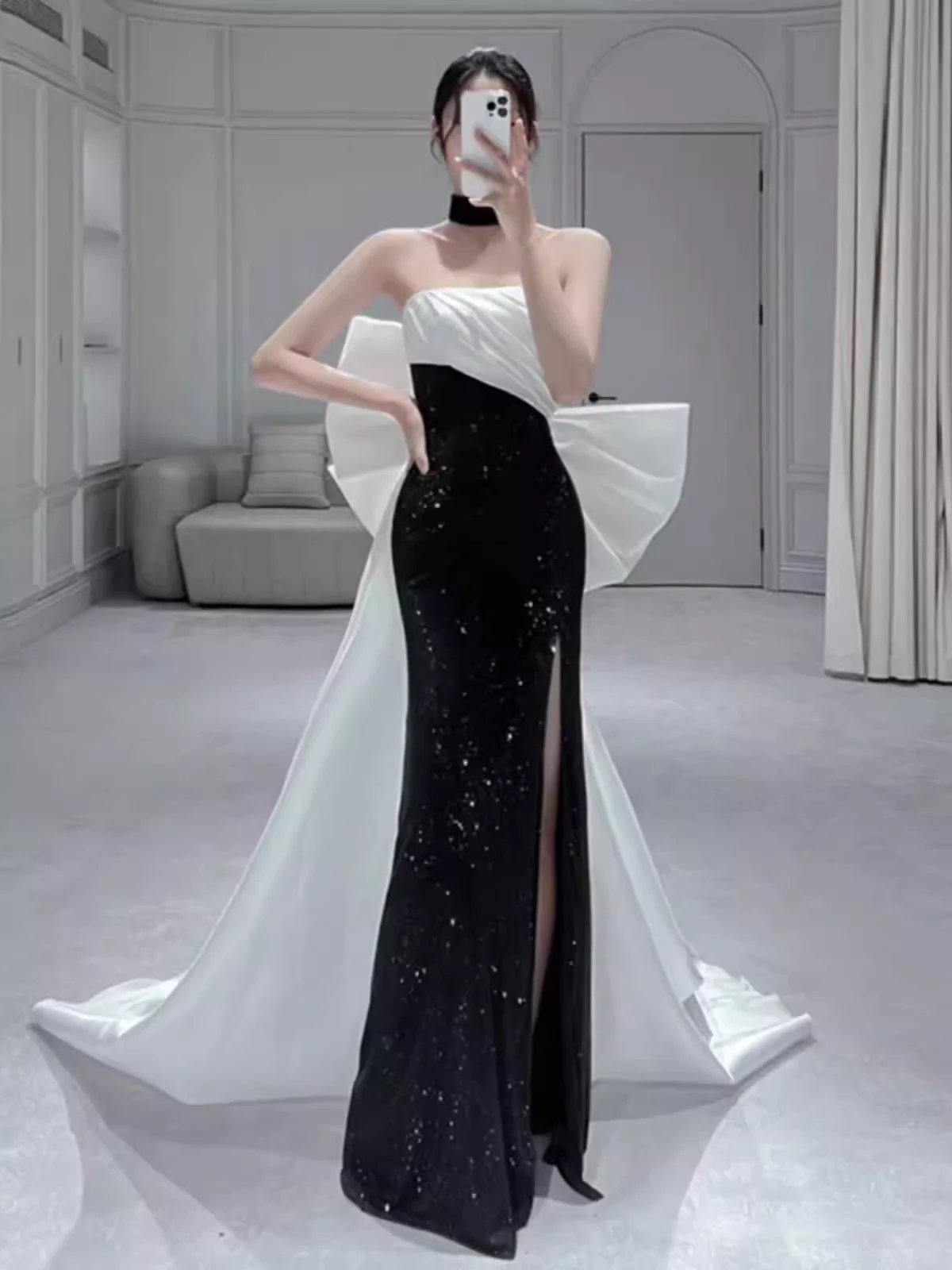 Mermaid Strapless Black Satin Long Slit Prom Dresses P1012 - Image 3