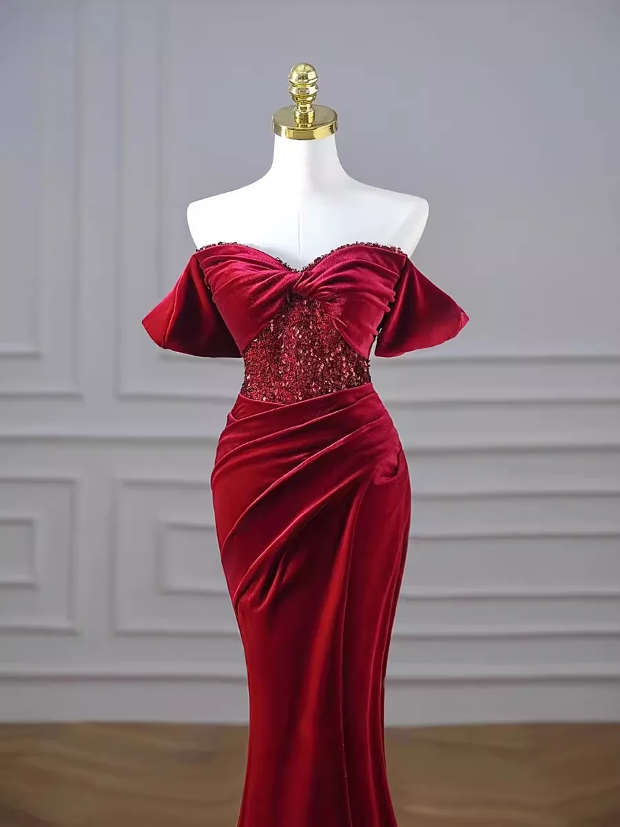Mermaid Strapless Burgundy Velvet Prom Dresses Evening Dress P1990 - Image 2