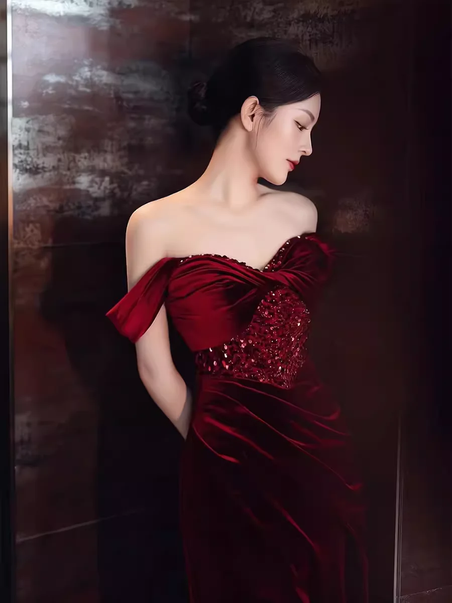 Mermaid Strapless Burgundy Velvet Prom Dresses Evening Dress P1990 - Image 4
