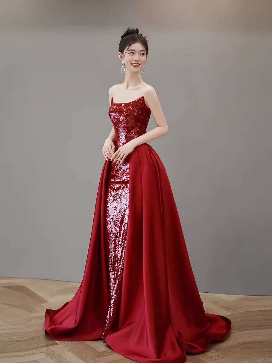 Mermaid Strapless Sequin Red Prom Dresses Long Evening Dress P2026 - Image 3