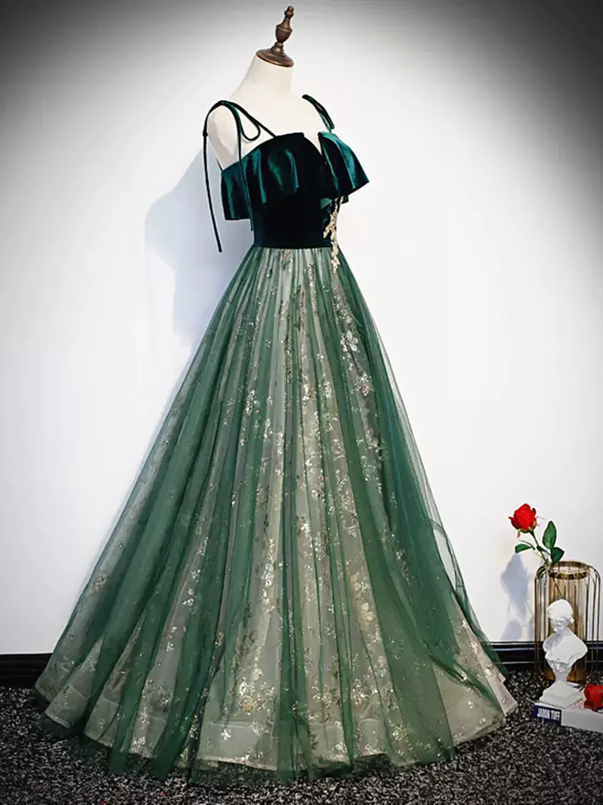 Green Straps Velvet Long Lace Prom Dresses P538 - Image 2