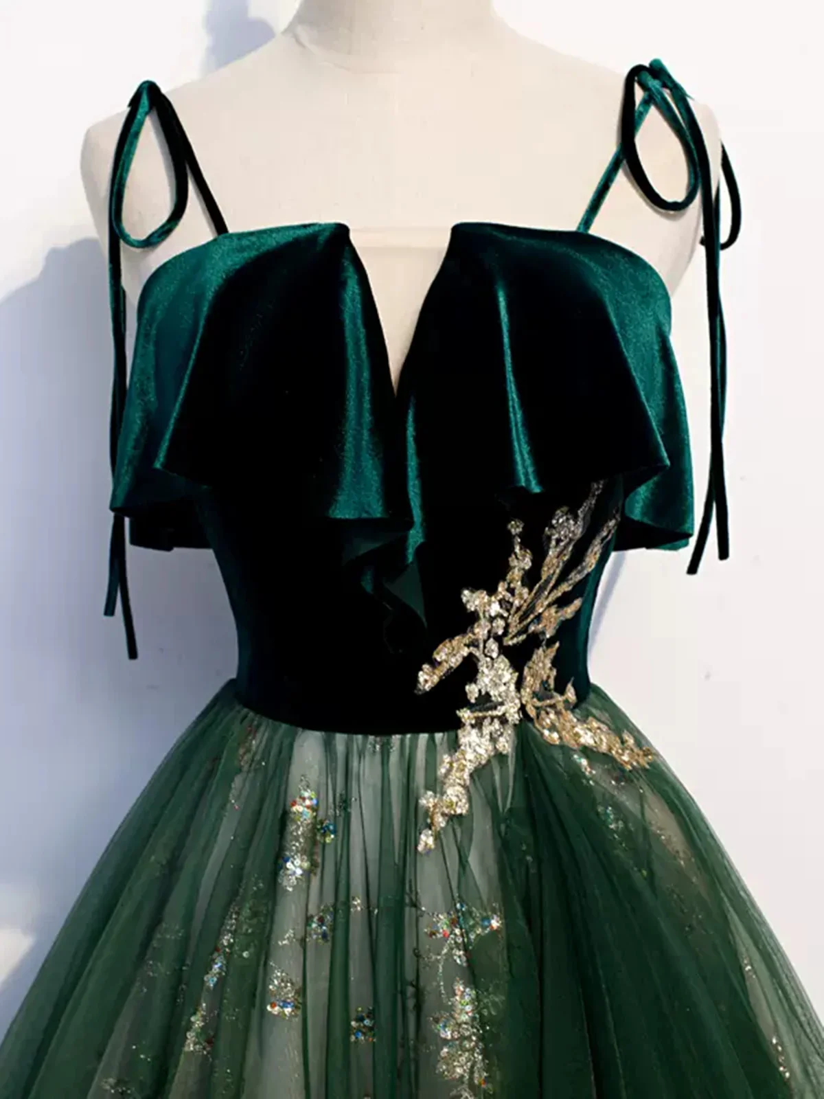 Green Straps Velvet Long Lace Prom Dresses P538 - Image 3