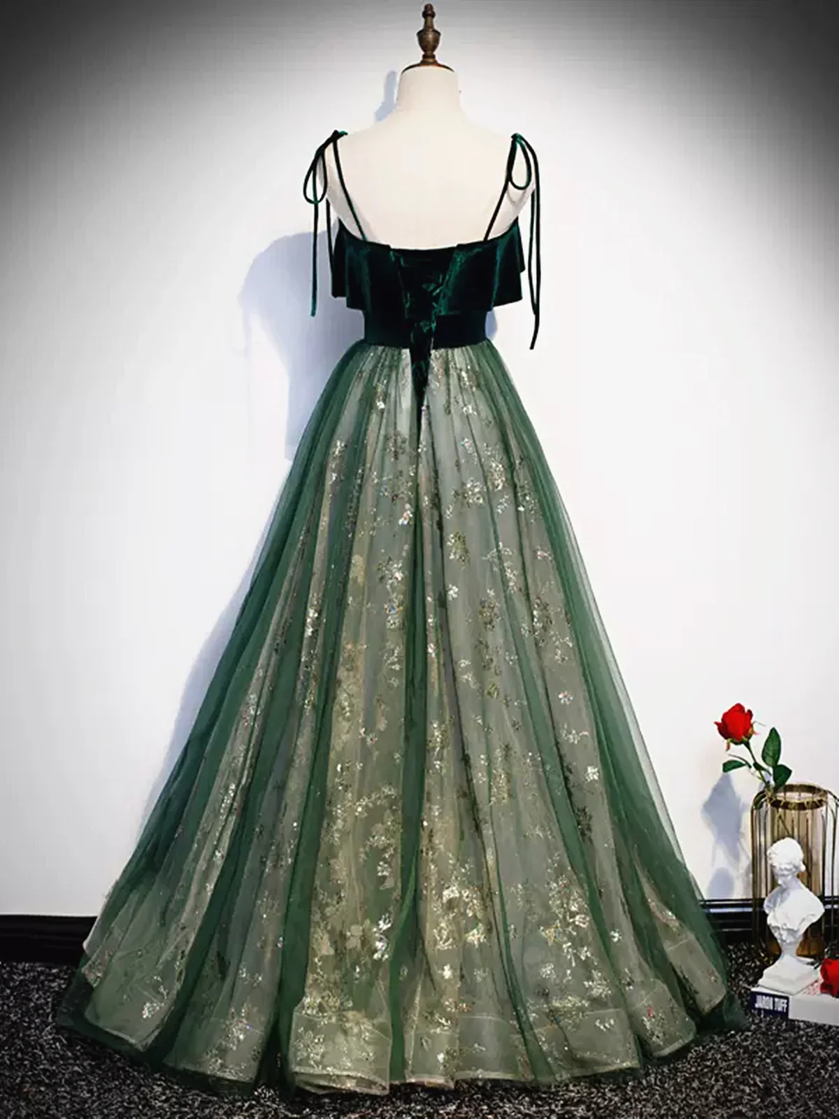 Green Straps Velvet Long Lace Prom Dresses P538 - Image 5