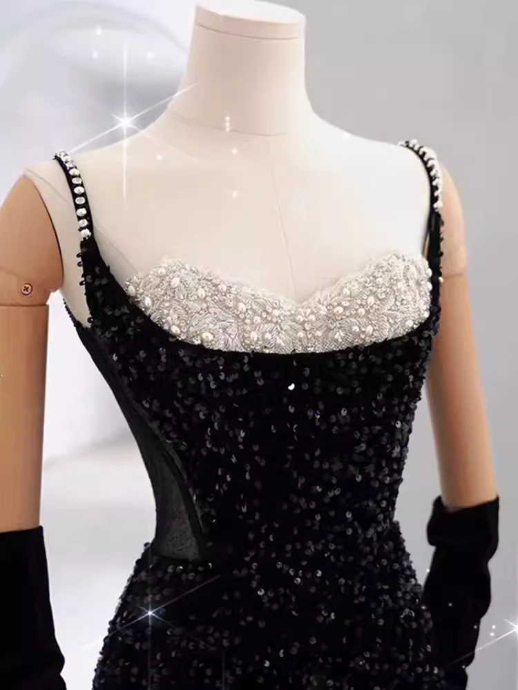 Mermaid Straps Sequin Black Backless Long Prom Dresses P1019 - Image 3