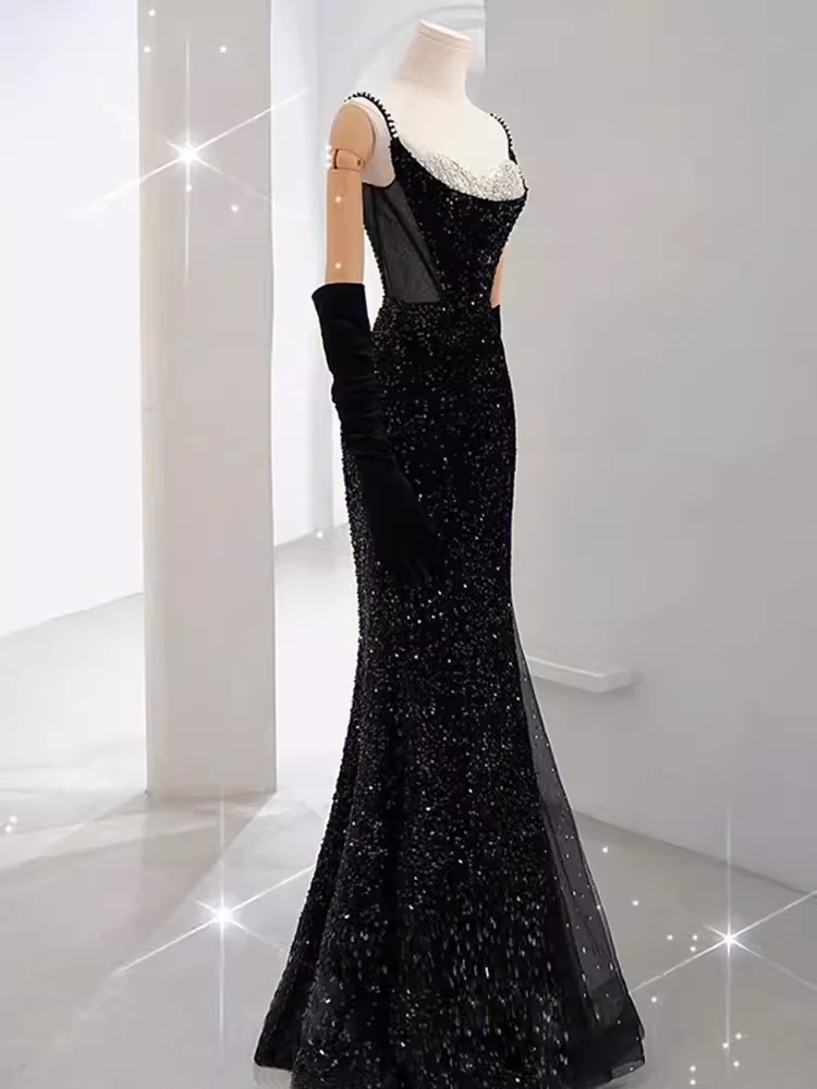 Mermaid Straps Sequin Black Backless Long Prom Dresses P1019 - Image 4