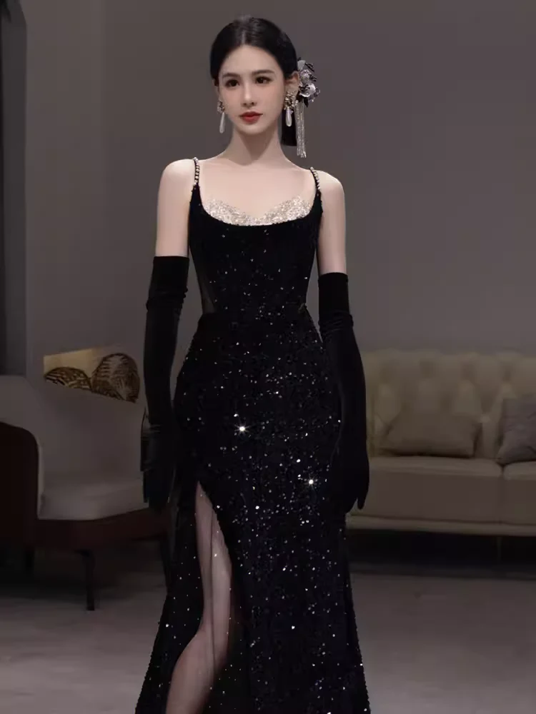 Mermaid Straps Sequin Black Backless Long Prom Dresses P1137 - Image 4