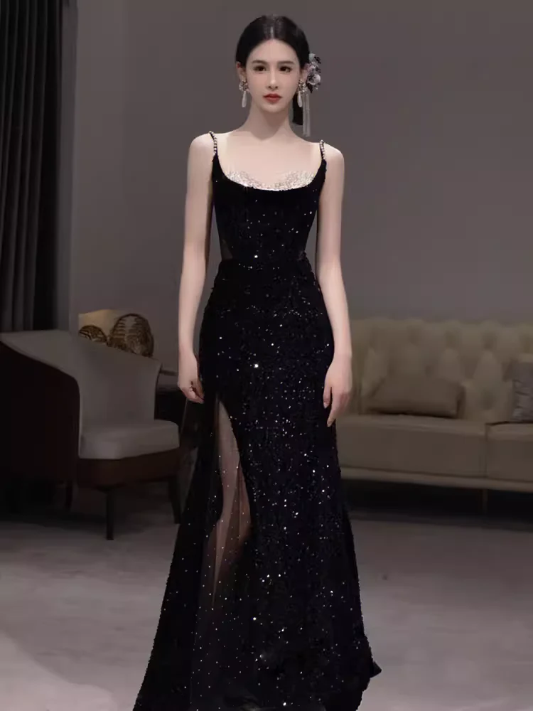 Mermaid Straps Sequin Black Backless Long Prom Dresses P1137 - Image 5