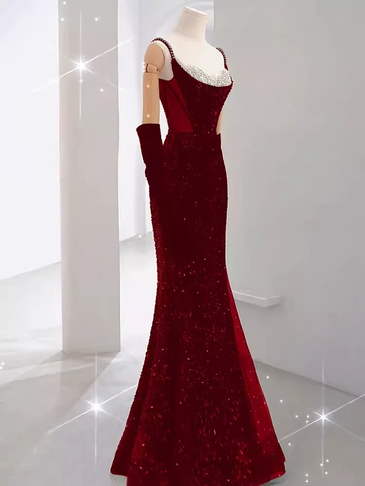 Mermaid Straps Sequin Red Backless Long Prom Dresses P1060 - Image 2