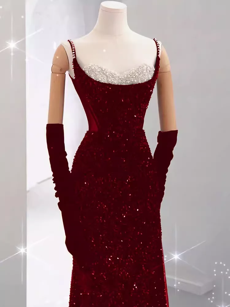 Mermaid Straps Sequin Red Backless Long Prom Dresses P1060 - Image 3