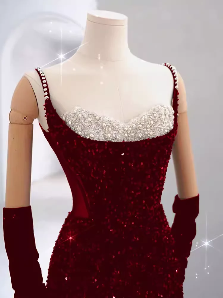 Mermaid Straps Sequin Red Backless Long Prom Dresses P1060 - Image 4