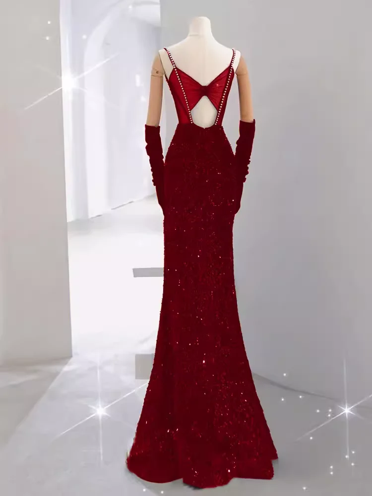 Mermaid Straps Sequin Red Backless Long Prom Dresses P1060 - Image 5