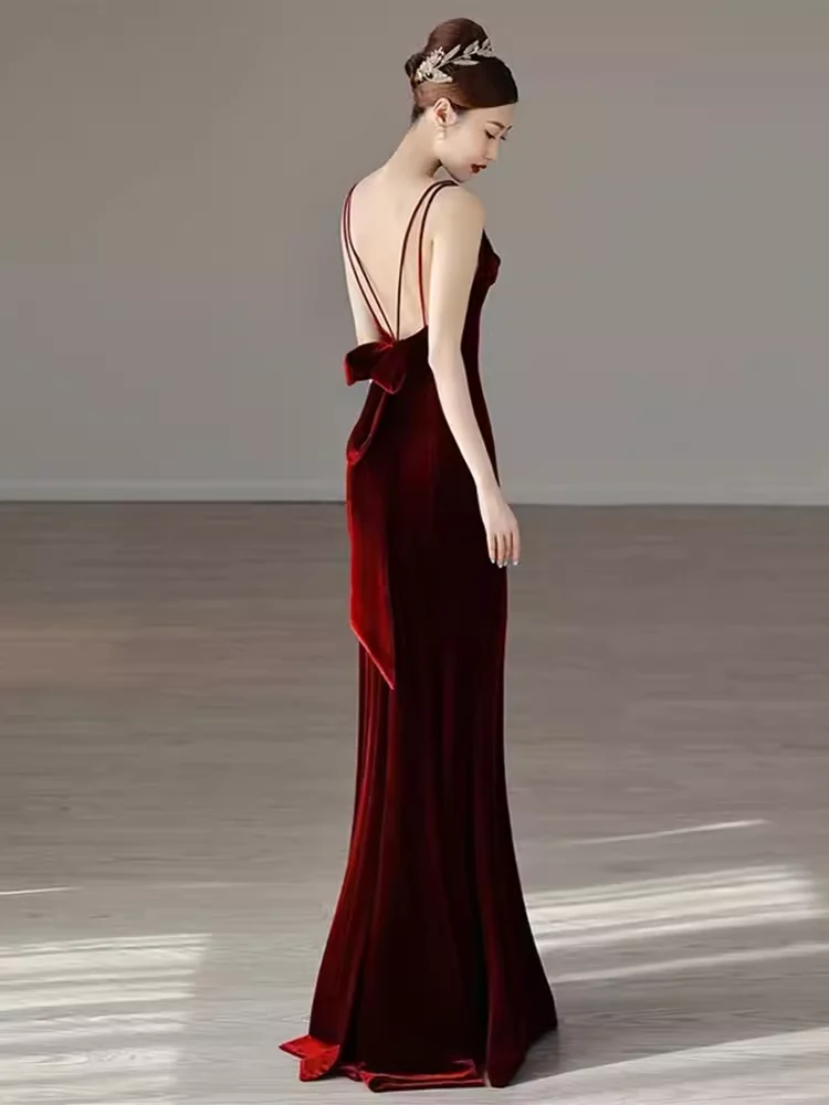 Mermaid Straps Velvet Red Party Dress Long Backless Prom Dress P876 - Image 3
