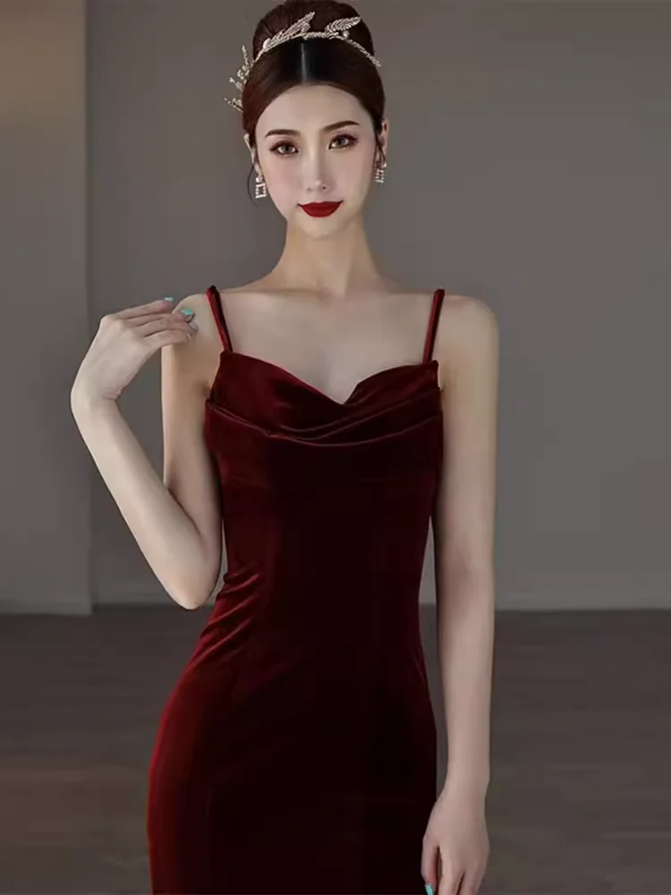 Mermaid Straps Velvet Red Party Dress Long Backless Prom Dress P876 - Image 4