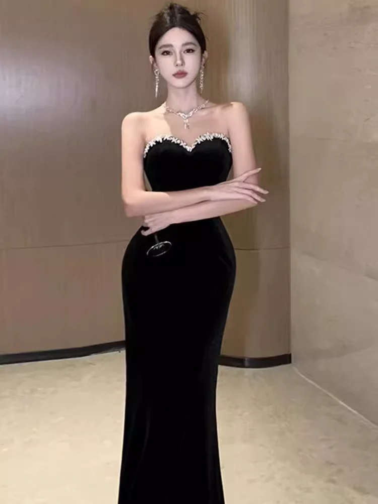 Mermaid Sweetheart Long Black Velvet Prom Dresses P1922 - Image 2