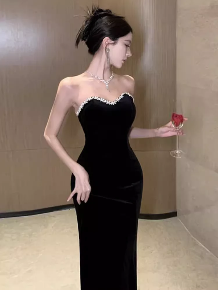 Mermaid Sweetheart Long Black Velvet Prom Dresses P1922 - Image 5