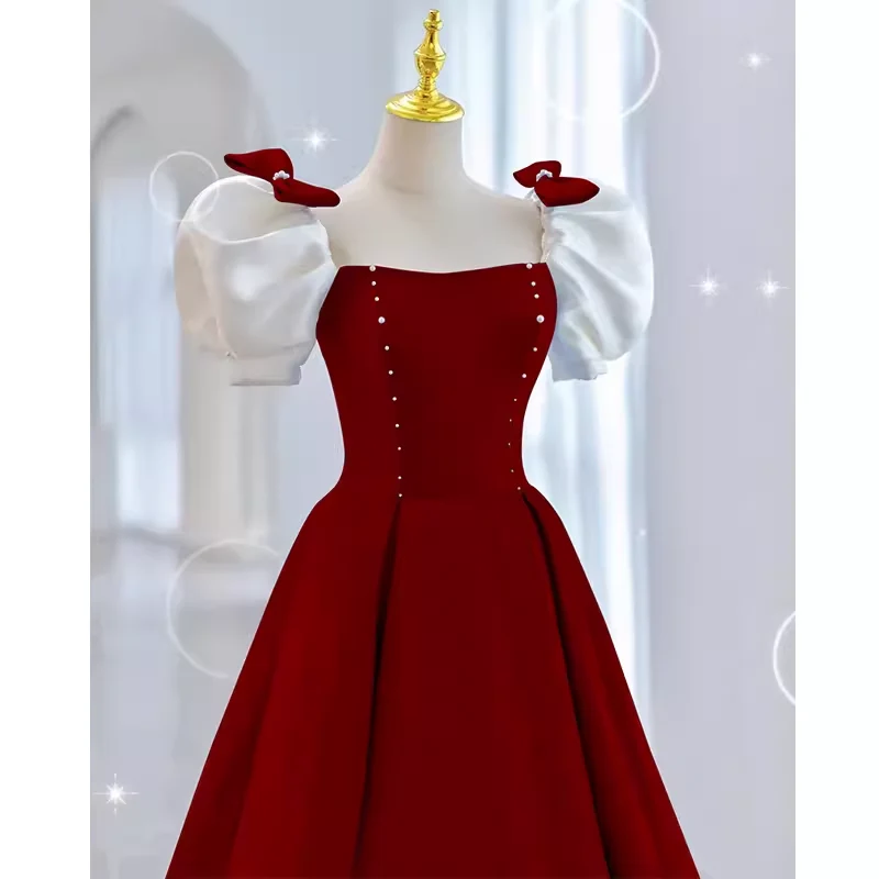 Modest A Line Long Short Sleeves Satin Red Prom Dresses P1235 - Image 2