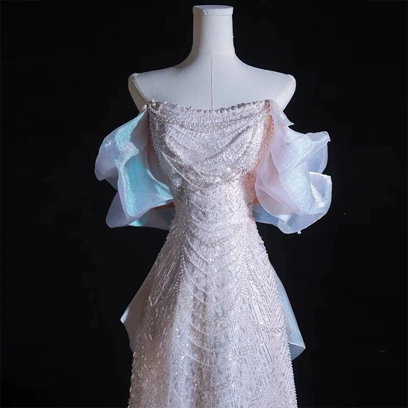 Modest A line Off The Shoulder Pink Sequin Long Floor Length Pearls Prom Dresses P2404 - Image 4
