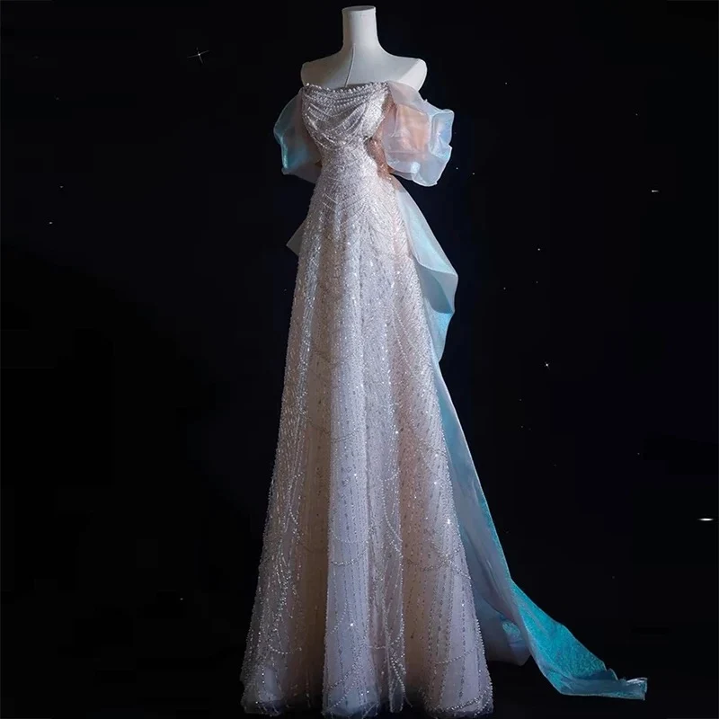 Modest A line Off The Shoulder Pink Sequin Long Floor Length Pearls Prom Dresses P2404 - Image 5