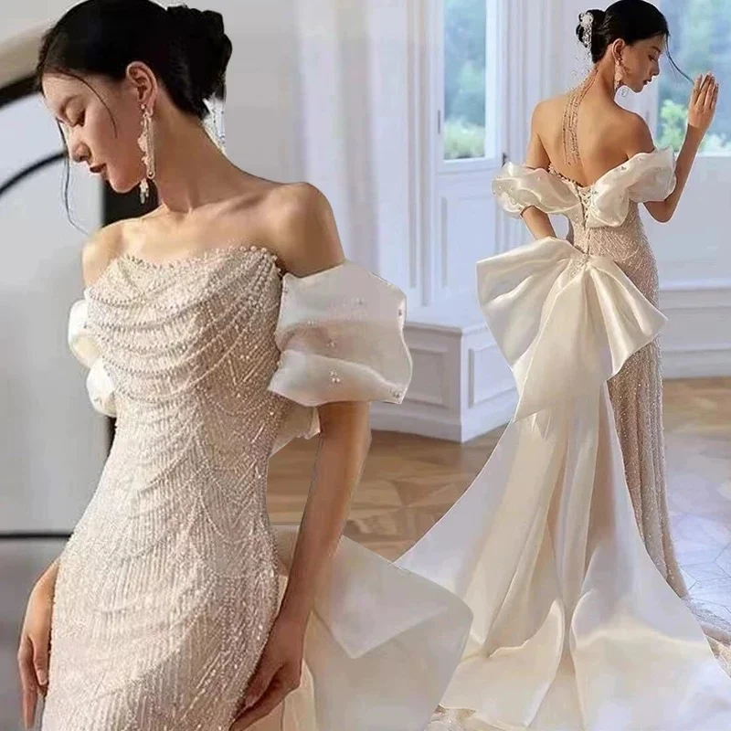 Modest A line Off The Shoulder Pink Sequin Long Floor Length Pearls Prom Dresses P2404 - Image 7