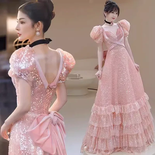 Modest A line Pink Short Sleeves Sequin Ruffles Long Prom Dresses PP1007 - Image 5
