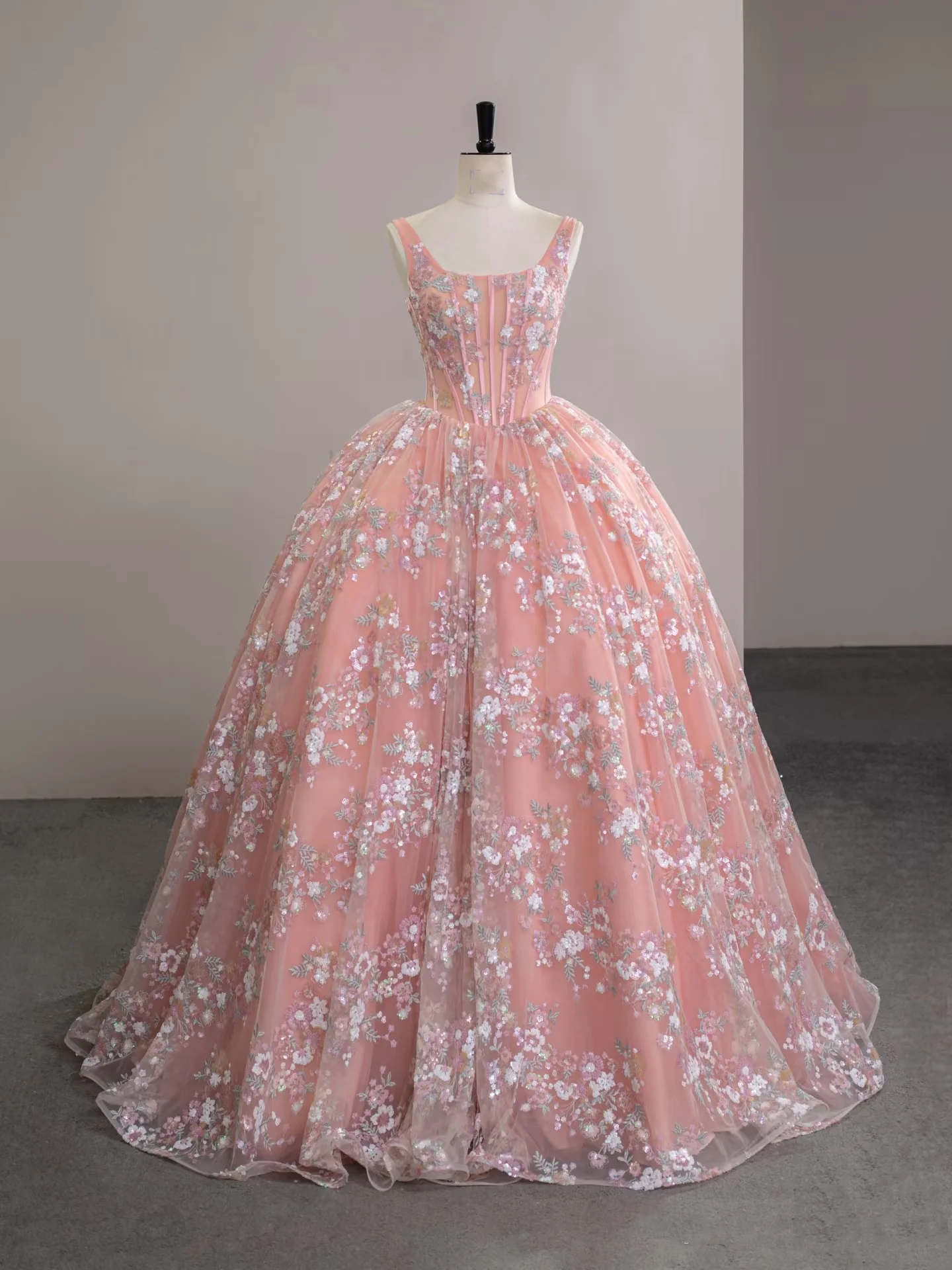 Modest A line Square Neckline Sleeveless Pink Floral Lace Floor Length Prom Dresses P2299 - Image 5