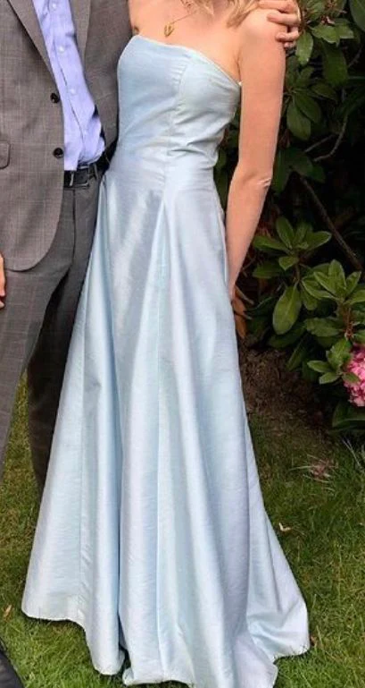 Modest A Line Strapless Long Light Sky Blue Satin Prom Dress P1431